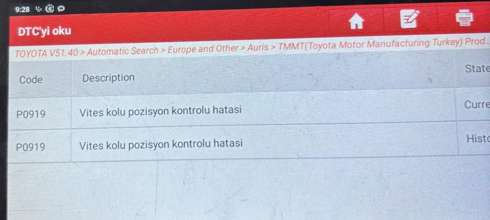 Toyota Auris teşhis ekranında iki satır P0919 vites konumu kontrol hatası